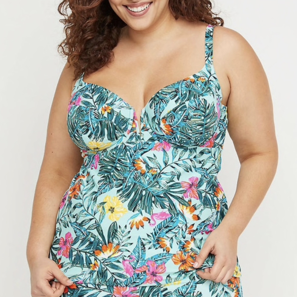 Cacique Tankini Top 46D Green Floral Tropical Bra Sized Adjustable Straps Swim